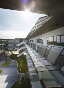 View of feature sunscreen panels and railings for the open corridors wrapping around the central courtyard